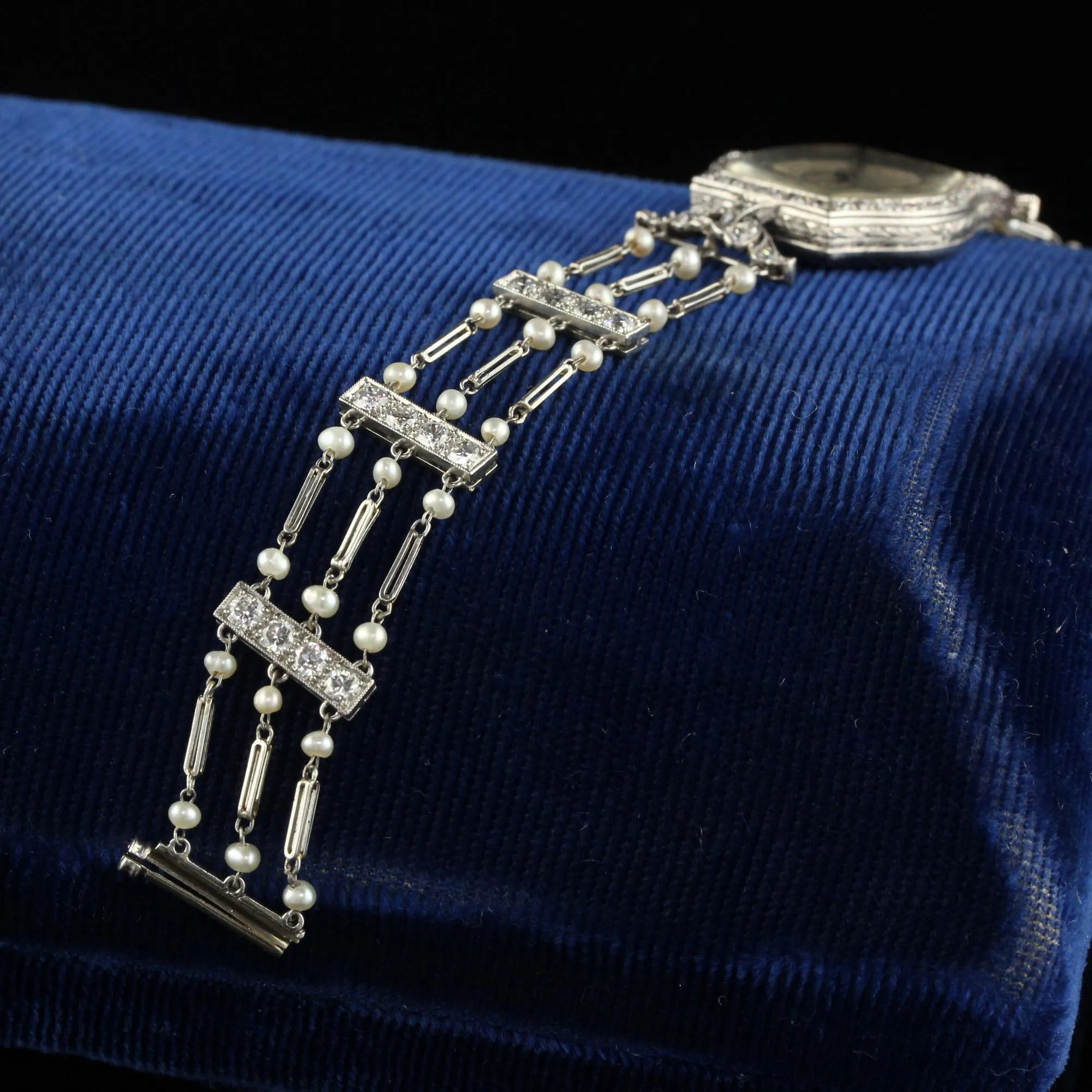 Antique Art Deco J. E. Caldwell Old Euro Diamond and Pearl Evening Watch