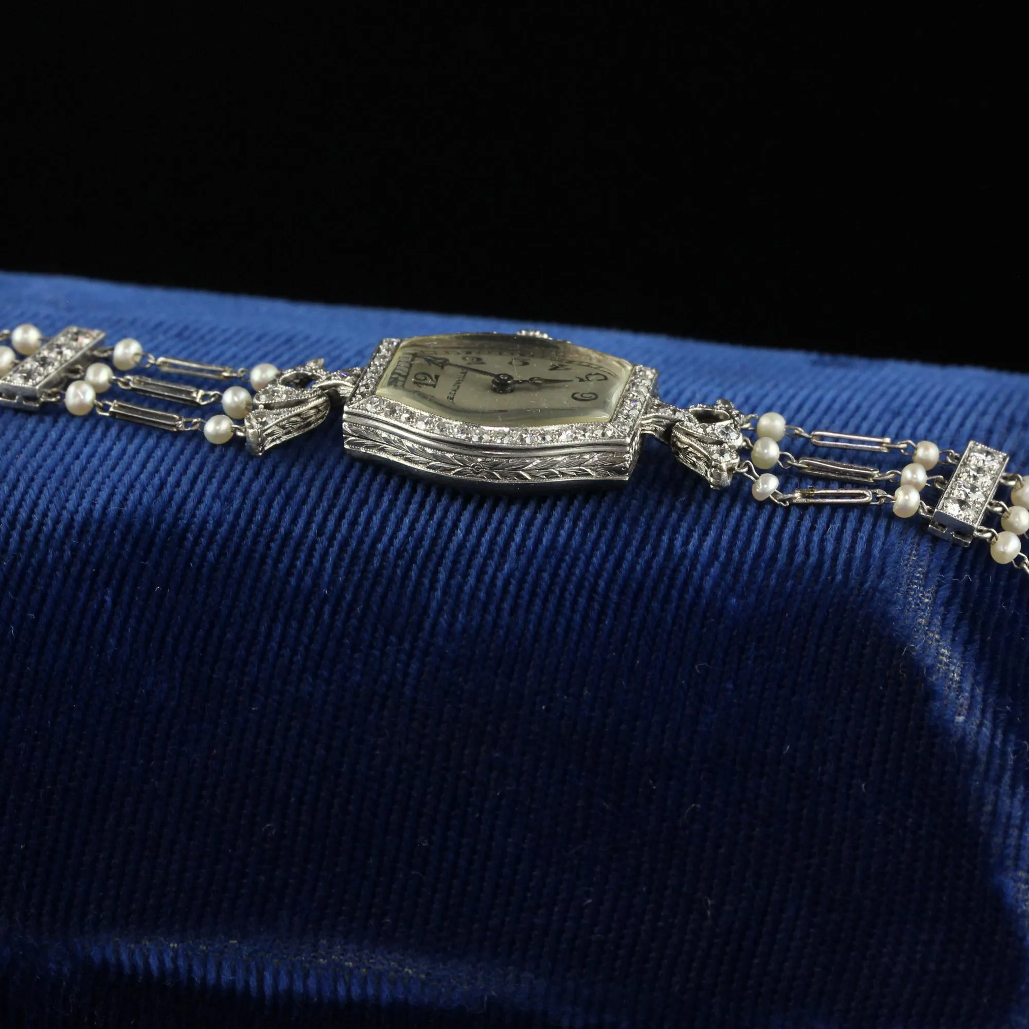 Antique Art Deco J. E. Caldwell Old Euro Diamond and Pearl Evening Watch