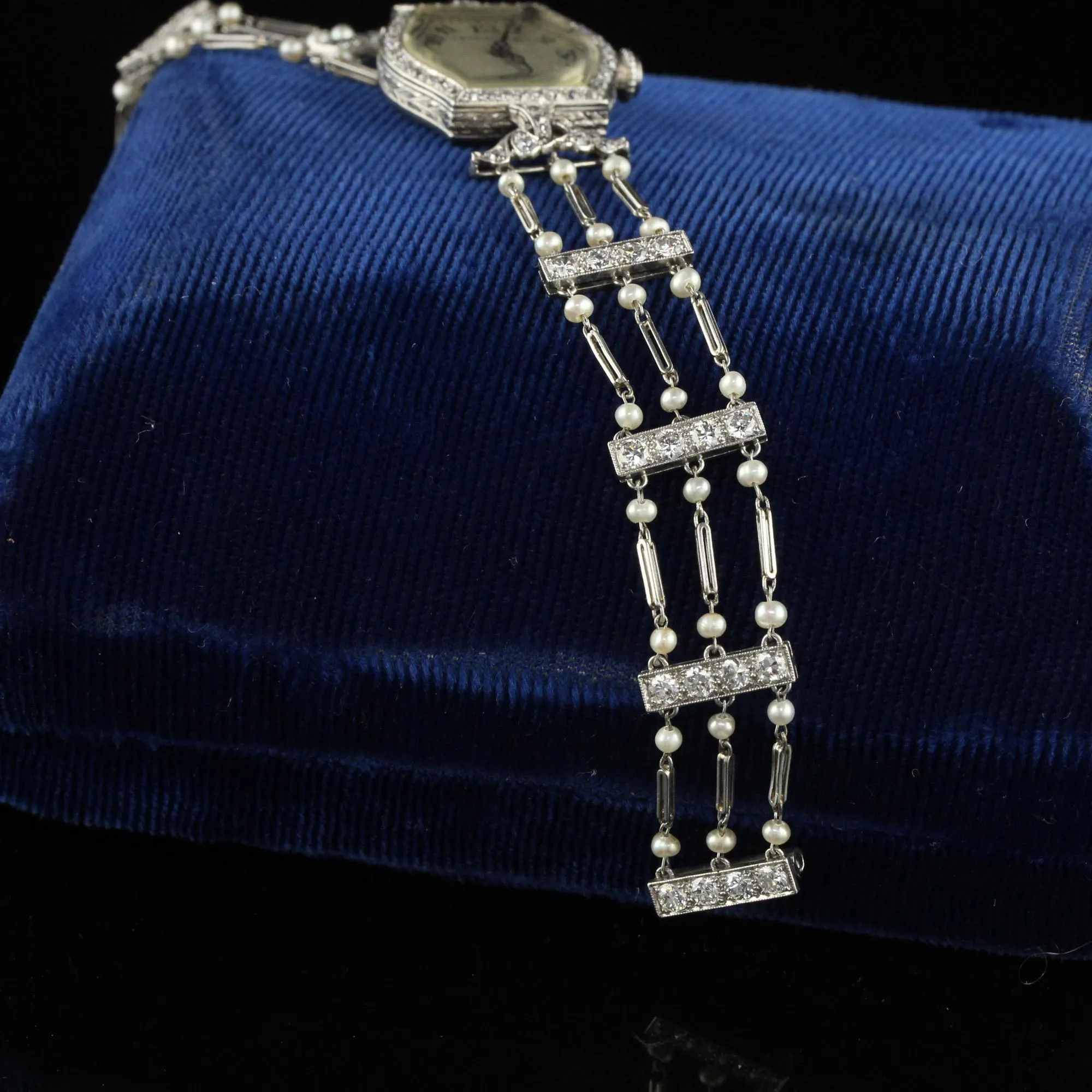 Antique Art Deco J. E. Caldwell Old Euro Diamond and Pearl Evening Watch