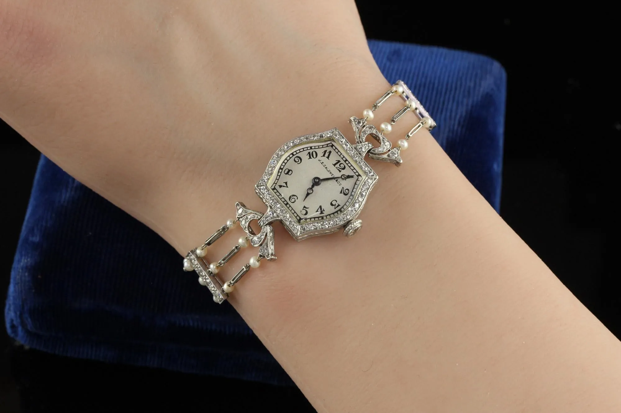 Antique Art Deco J. E. Caldwell Old Euro Diamond and Pearl Evening Watch