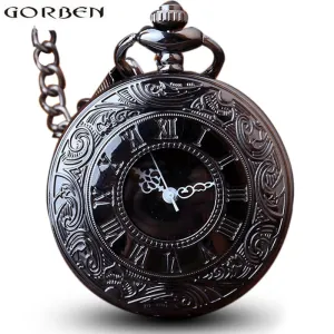 Antique Steampunk Charm Black Quartz Necklace Pocket Watch Women Wen Hollow Vintage Fob Clock With Chain Pendants Gift