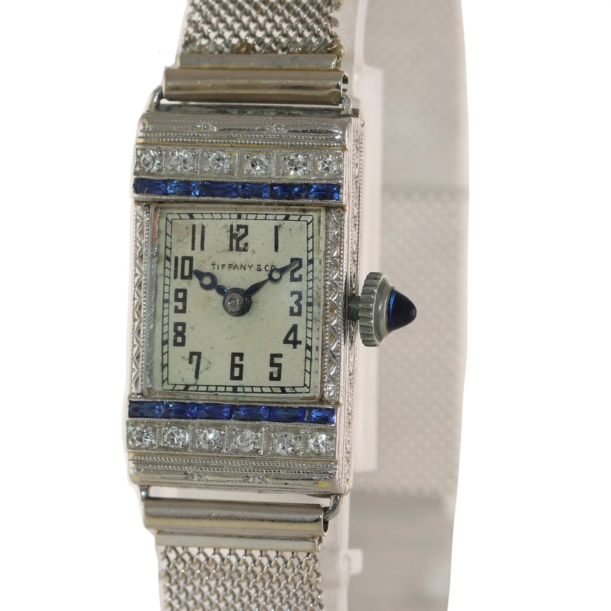 Antique Tiffany & Co. AWC Platinum 18k Yellow Gold Mesh Diamond Sapphire Watch