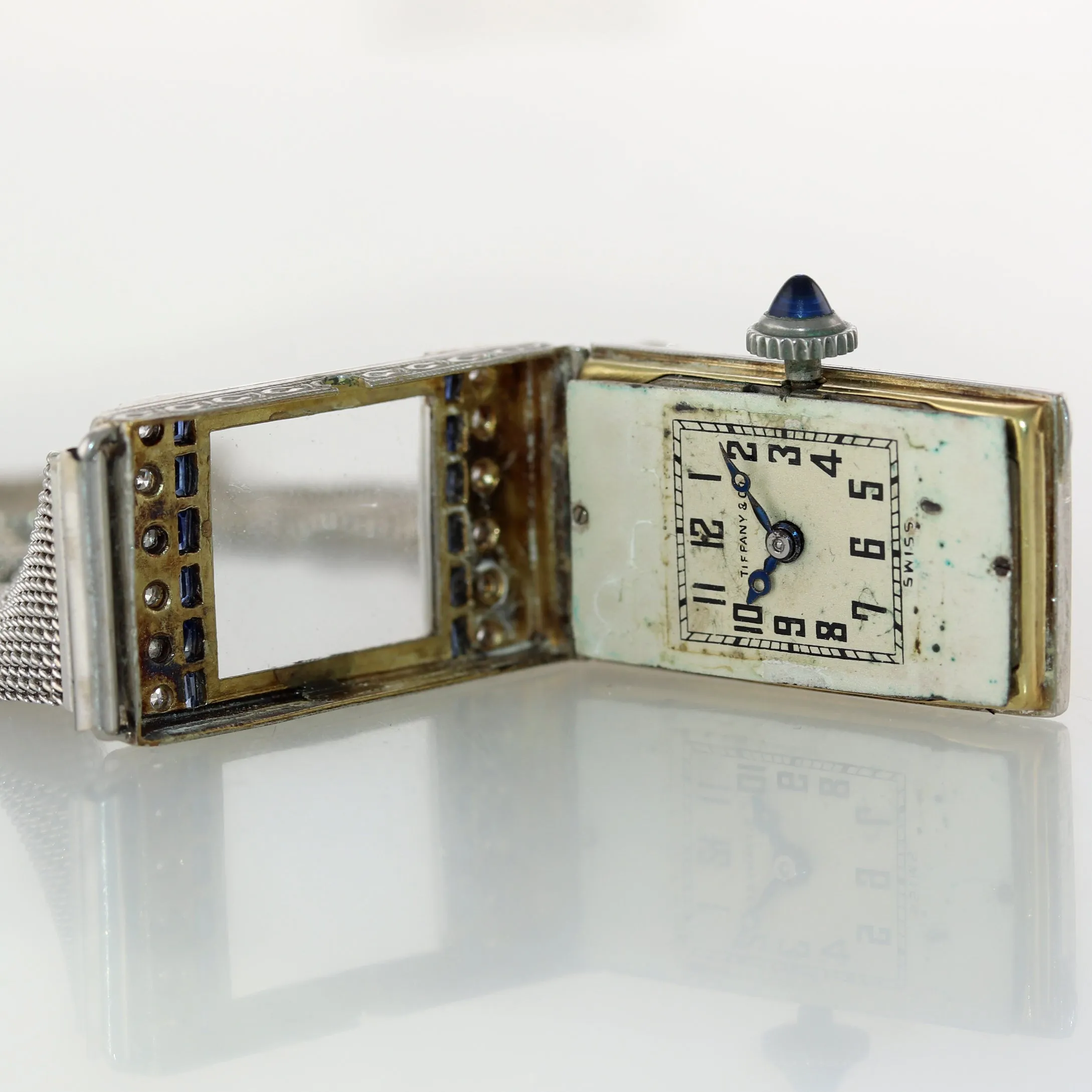 Antique Tiffany & Co. AWC Platinum 18k Yellow Gold Mesh Diamond Sapphire Watch