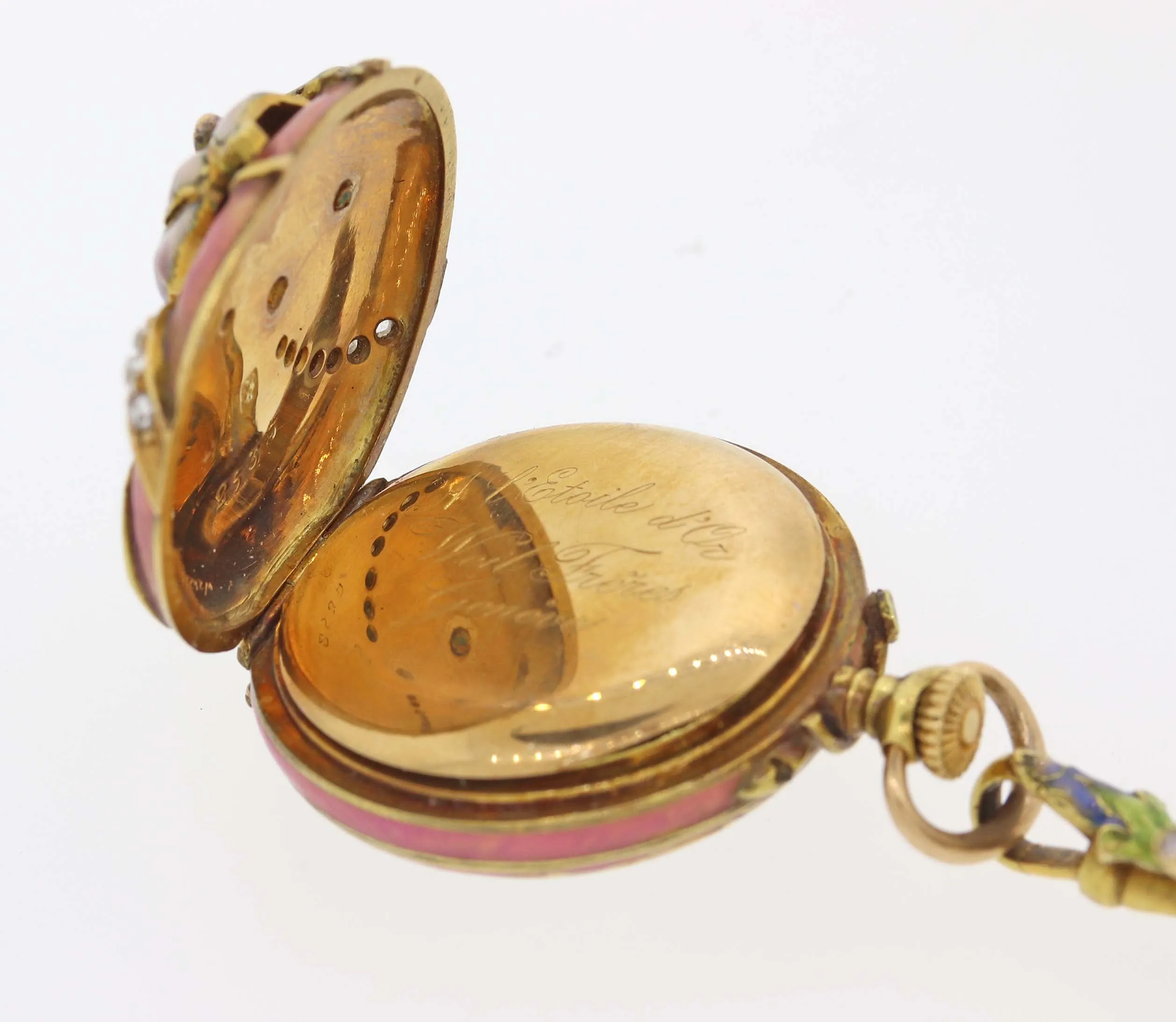 Antique Victorian Solid 18k Yellow Gold Enamel Flower Diamond Pocket Watch Brooc