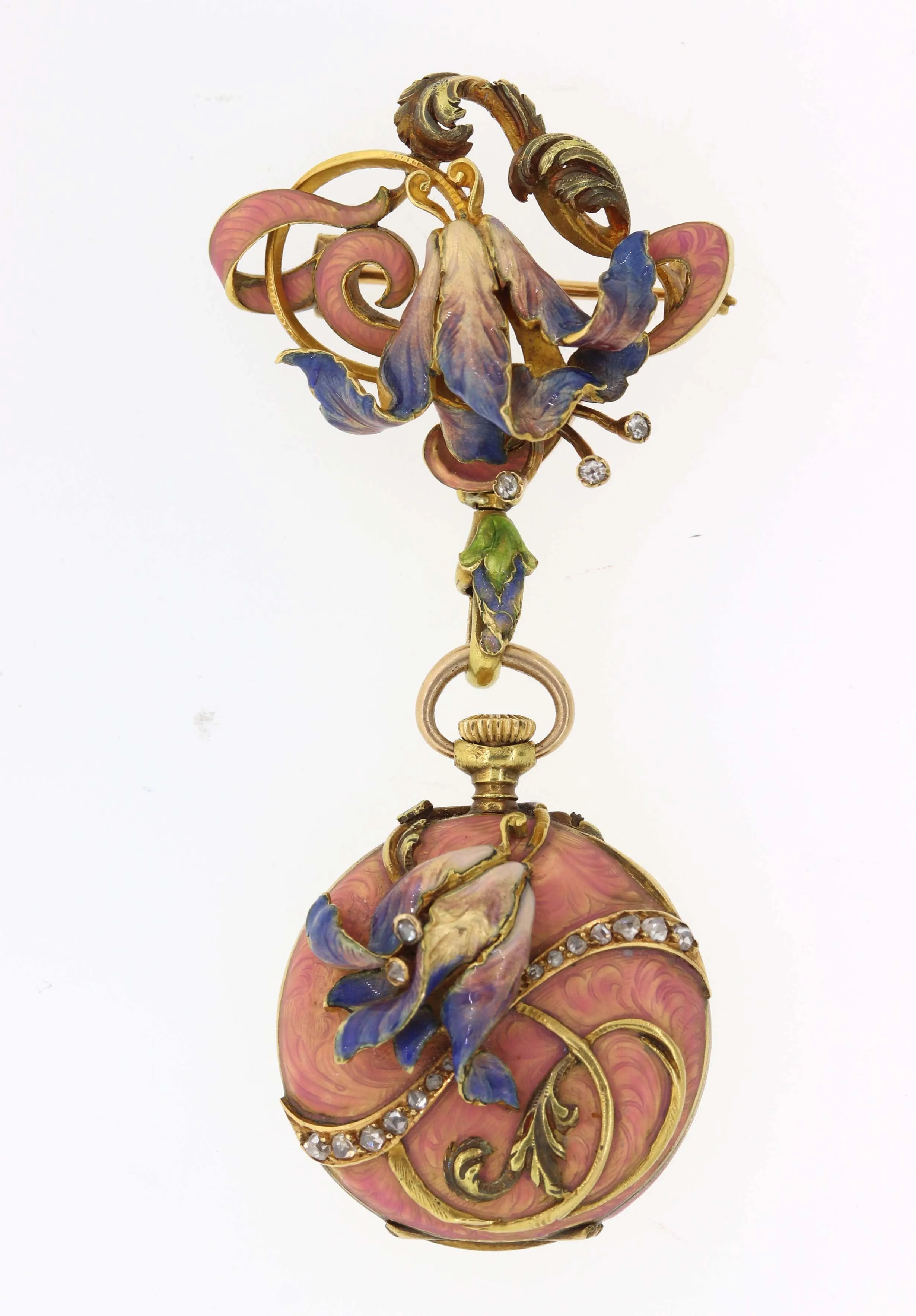 Antique Victorian Solid 18k Yellow Gold Enamel Flower Diamond Pocket Watch Brooc
