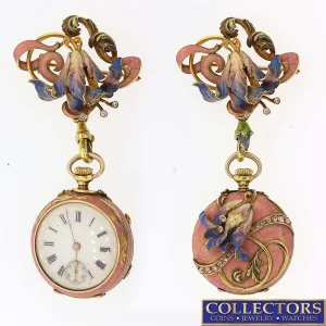 Antique Victorian Solid 18k Yellow Gold Enamel Flower Diamond Pocket Watch Brooc