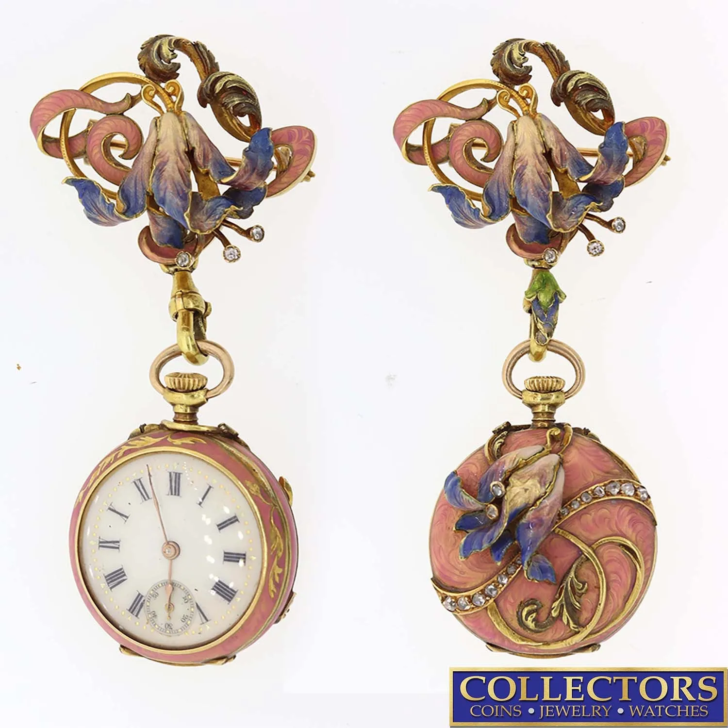 Antique Victorian Solid 18k Yellow Gold Enamel Flower Diamond Pocket Watch Brooc