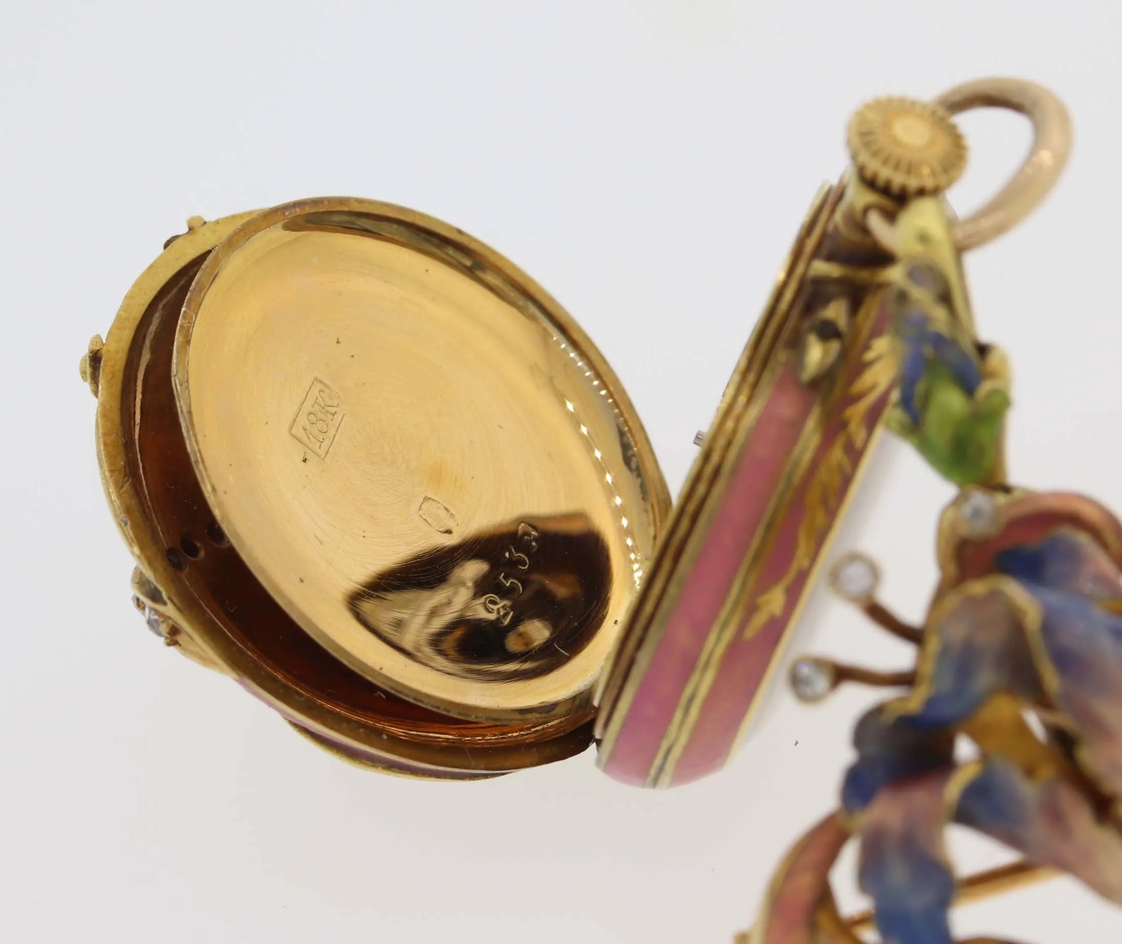 Antique Victorian Solid 18k Yellow Gold Enamel Flower Diamond Pocket Watch Brooc
