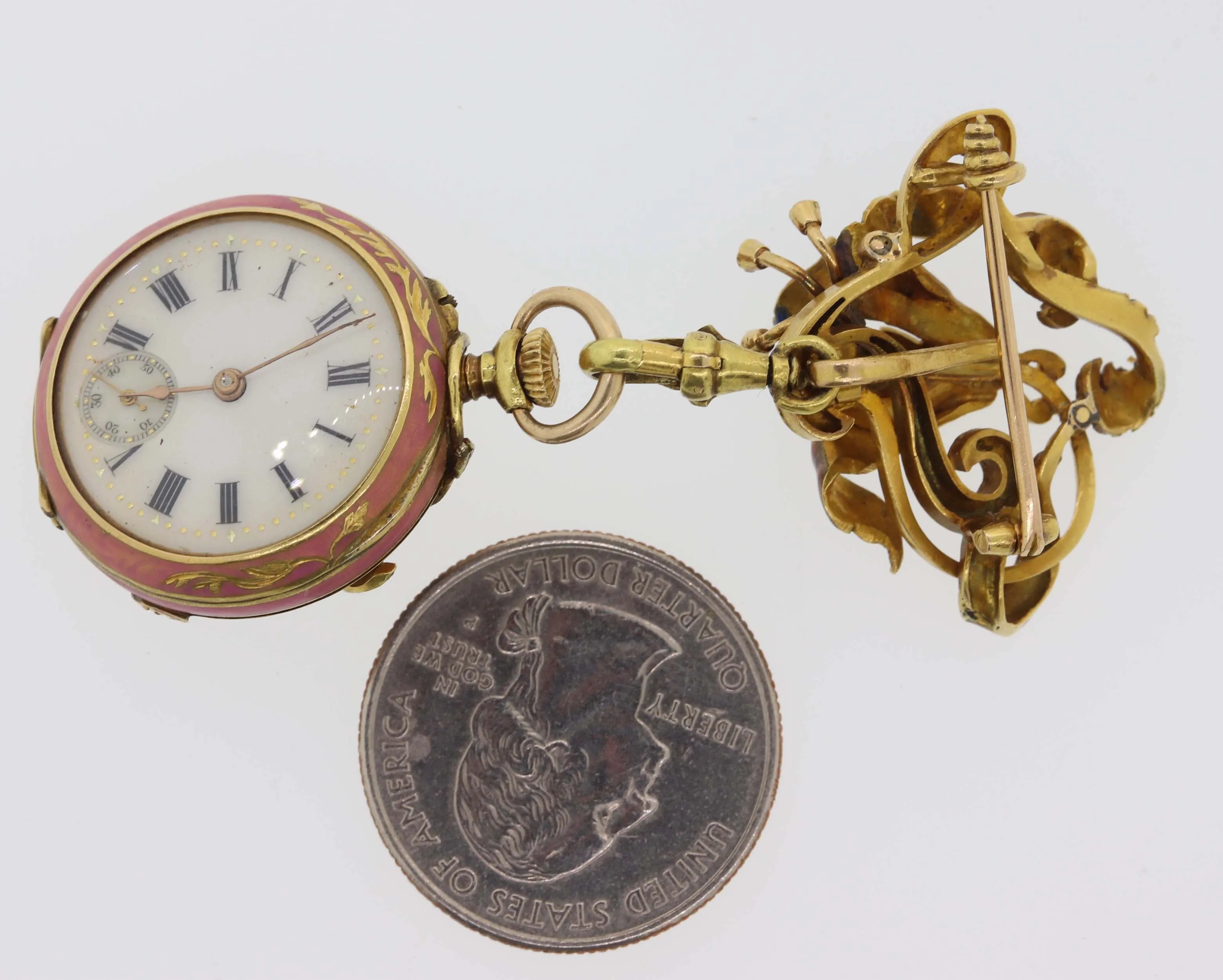 Antique Victorian Solid 18k Yellow Gold Enamel Flower Diamond Pocket Watch Brooc