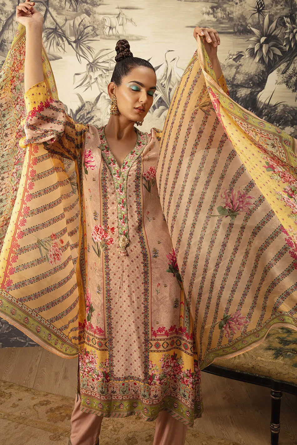 Beige A-line Printed Kurta Set