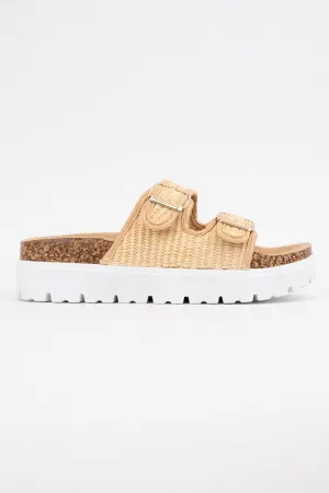BEIGE RAFFIA DOUBLE STRAP PLATFORM SANDAL