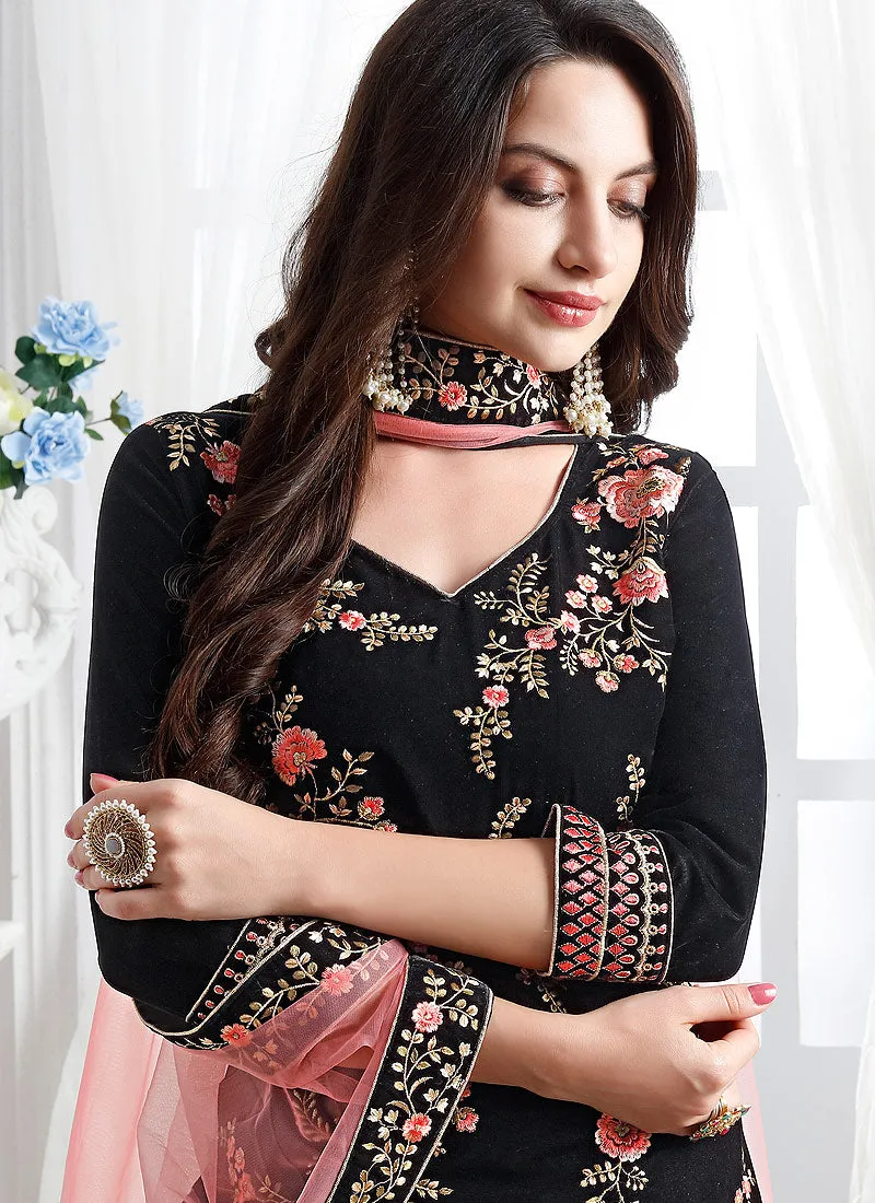 Black And Pink Embroidered Designer Pant Suit