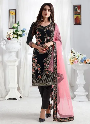 Black And Pink Embroidered Designer Pant Suit