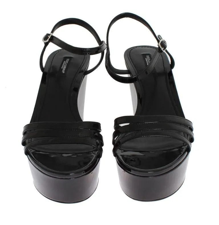 Black Leather Wedges Platform Sandals