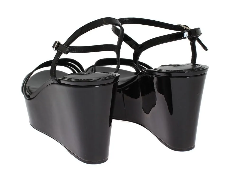 Black Leather Wedges Platform Sandals