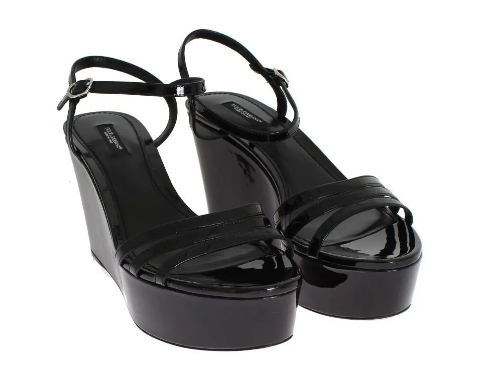 Black Leather Wedges Platform Sandals