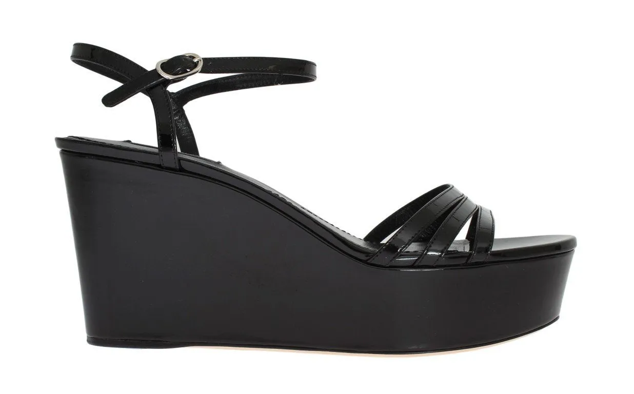 Black Leather Wedges Platform Sandals