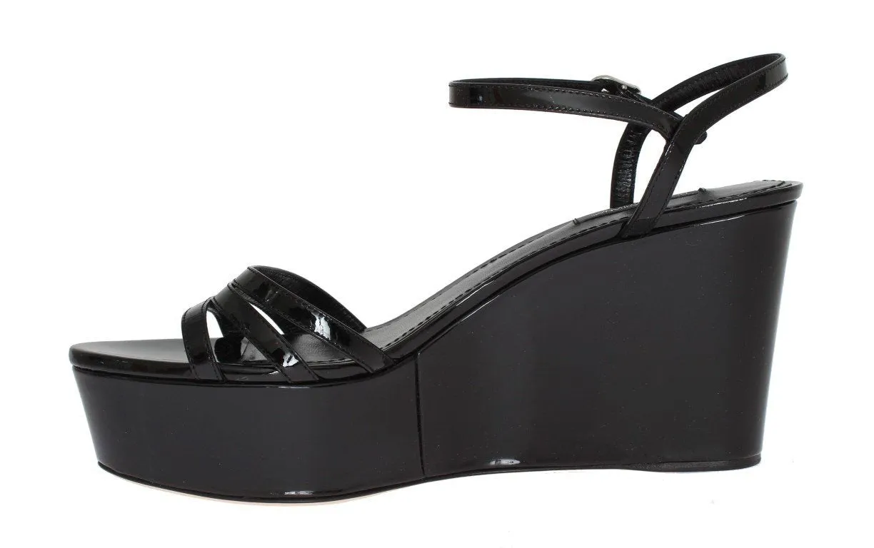 Black Leather Wedges Platform Sandals