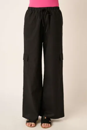 Black Linen Wide Leg Elastic Waist Cargo Pants