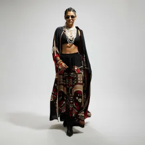 Black Mask Front Open Kaftan With Mask Printed Pants