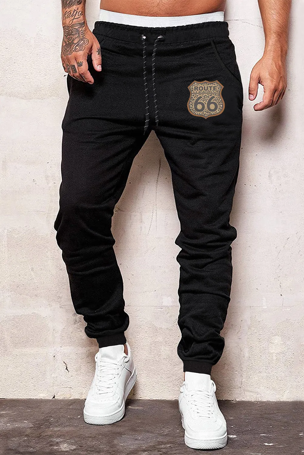 Black ROUTE 66 Graphic Print Drawstring Men's Pants