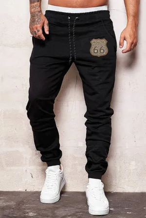 Black ROUTE 66 Graphic Print Drawstring Men's Pants