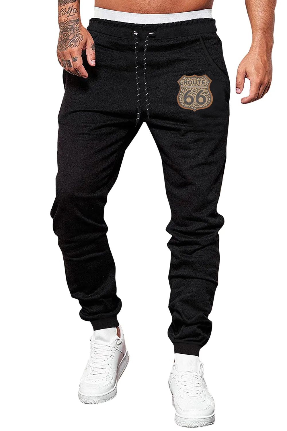 Black ROUTE 66 Graphic Print Drawstring Men's Pants