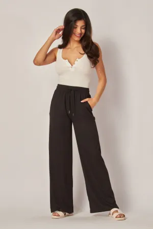 Black Stretchy Ribbed Drawstring Wide Leg Pants 2/24/25 9634