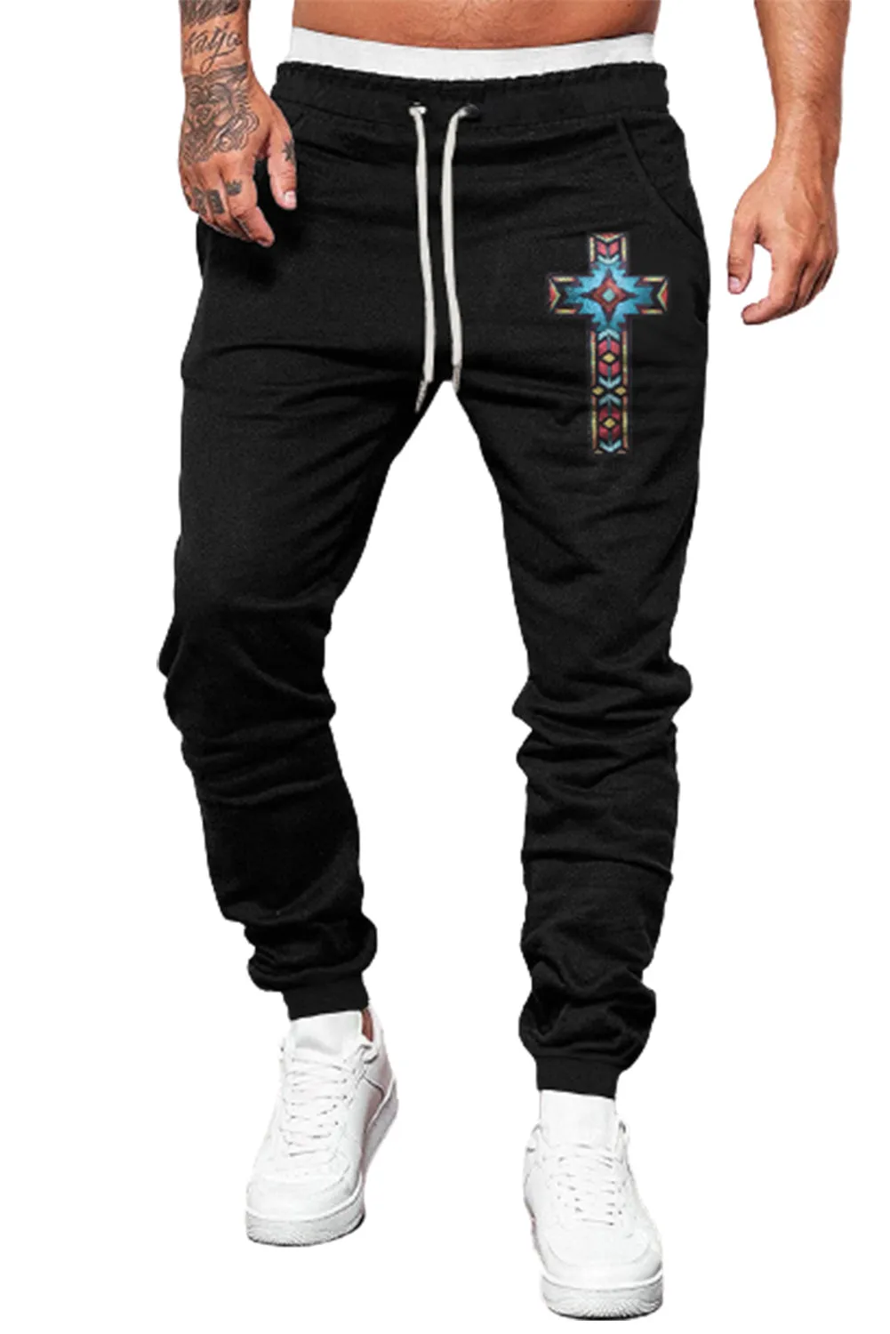 Black Western Pattern Cross Print Drawstring Men's Pants