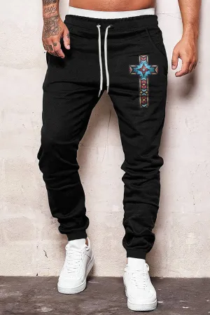 Black Western Pattern Cross Print Drawstring Men's Pants