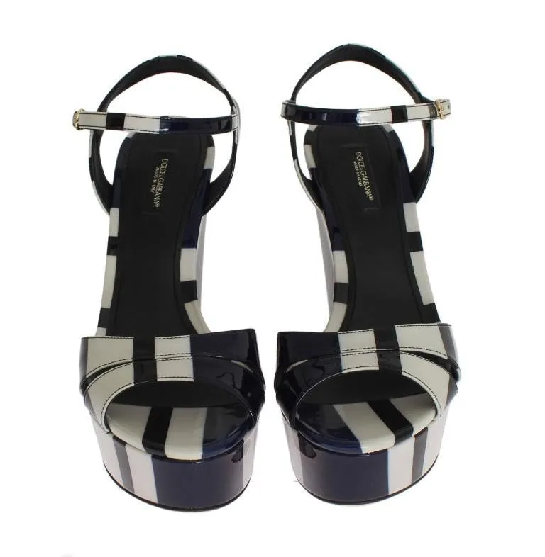 Black White Striped Leather Wedges Sandals
