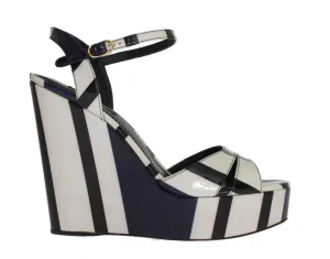 Black White Striped Leather Wedges Sandals