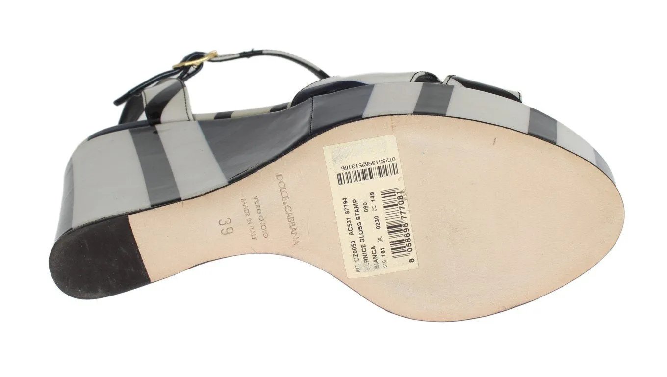 Black White Striped Leather Wedges Sandals