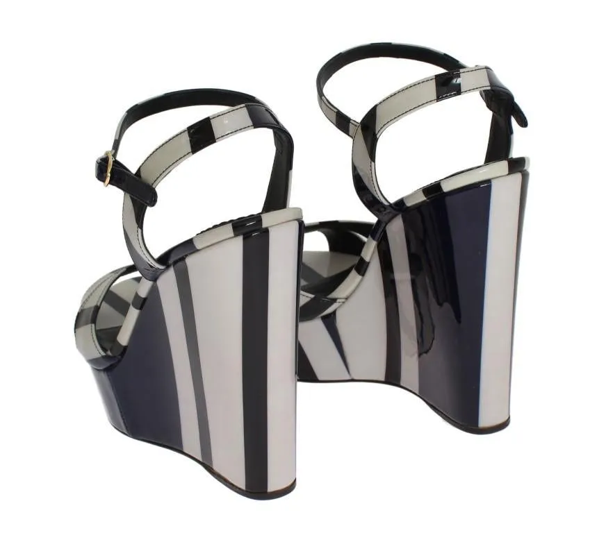 Black White Striped Leather Wedges Sandals