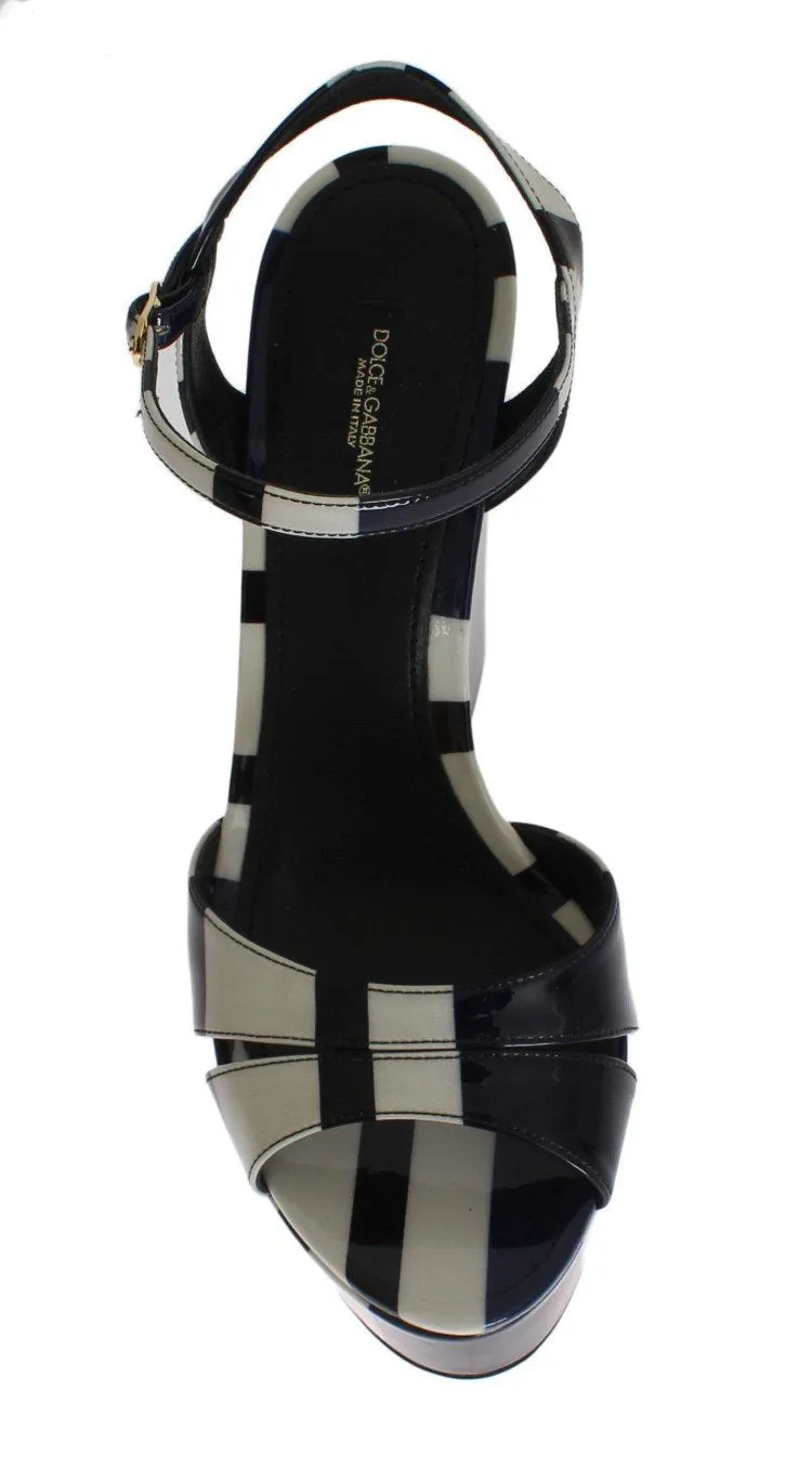 Black White Striped Leather Wedges Sandals