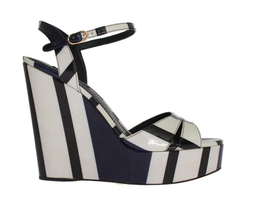 Black White Striped Leather Wedges Sandals