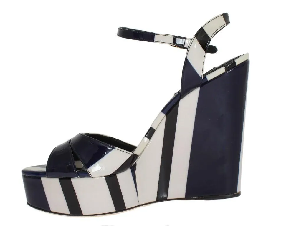 Black White Striped Leather Wedges Sandals