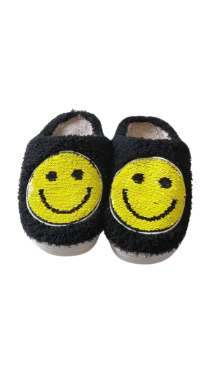 Black with Yellow Sequin Smiley Slippers..