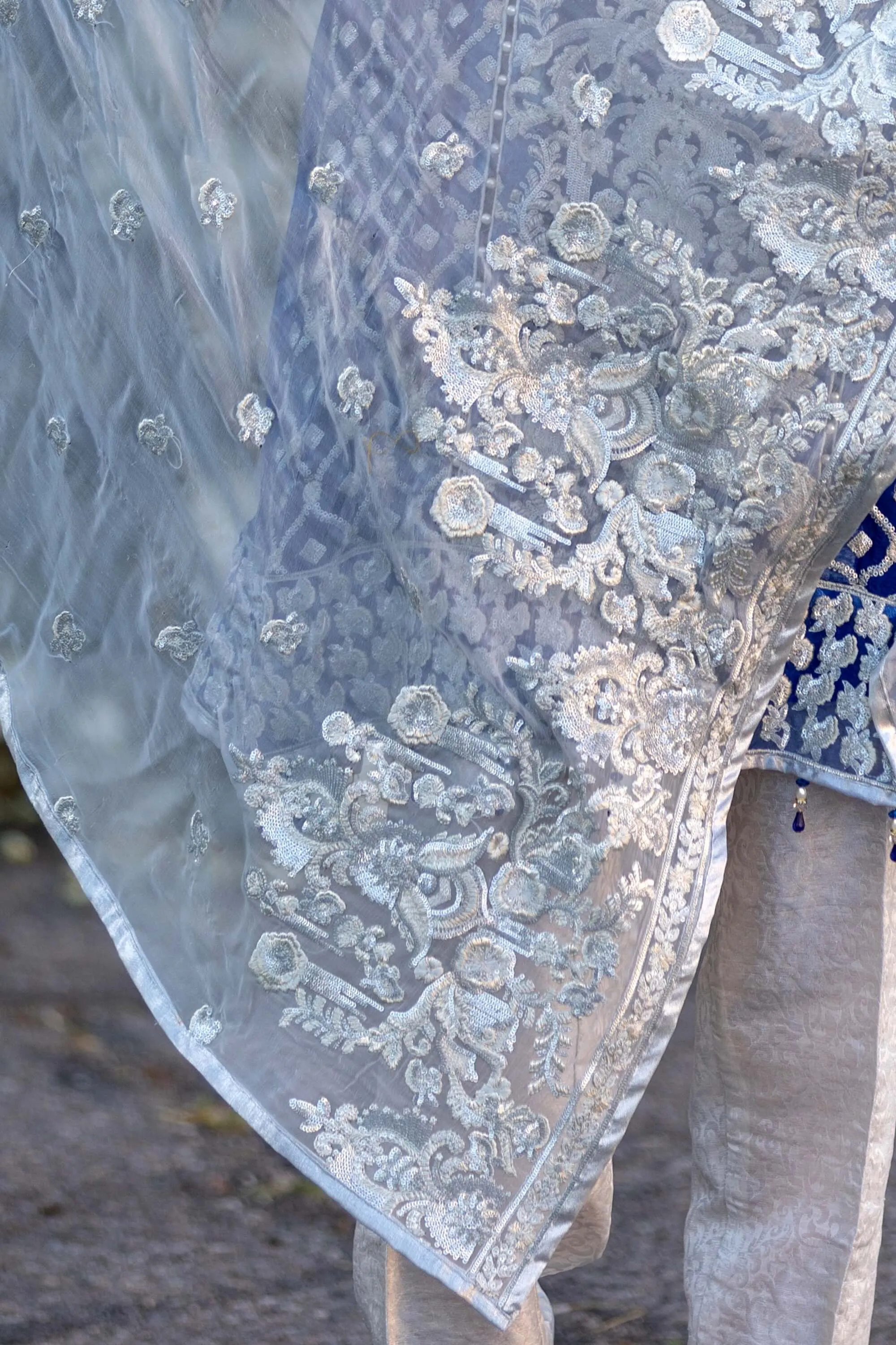 Blue Chiffon Embroidered Suit