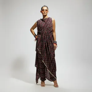 Blue Geo Print Crop Top With Attached Drape With Pants