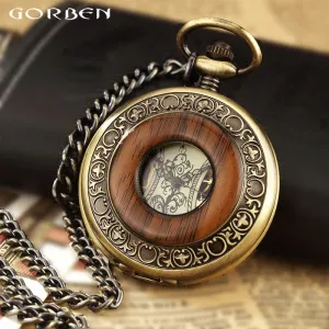 Box Package Solid Wood Mechanical Pocket Watch FOB Chain Locket Dial Hollow Steampunk Skeleton Men Women Mens Male Clock Watches