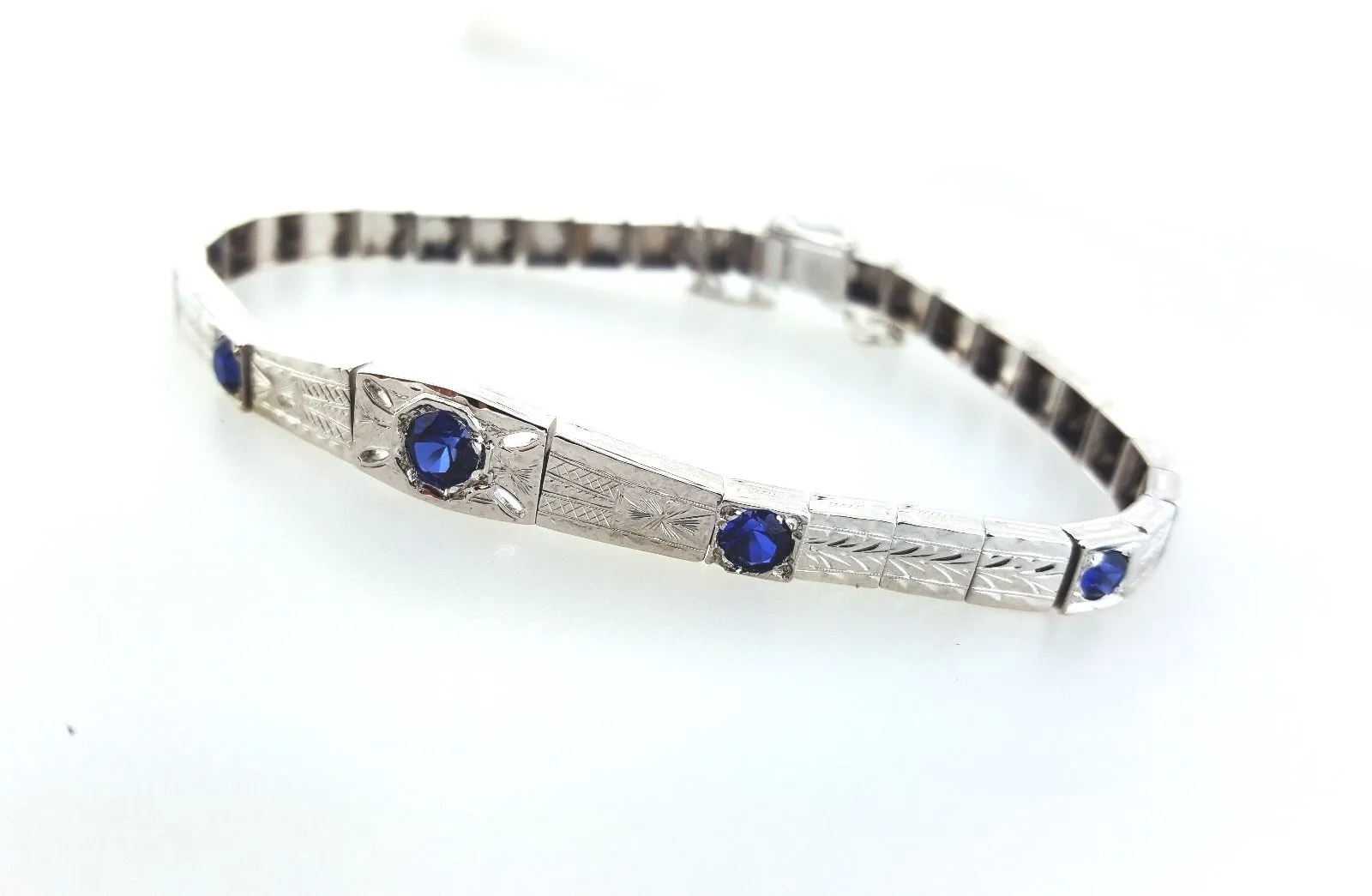 Bracelet Antique Vintage 18K White Gold 1.30CTNatural  Blue Sapphires Art Deco