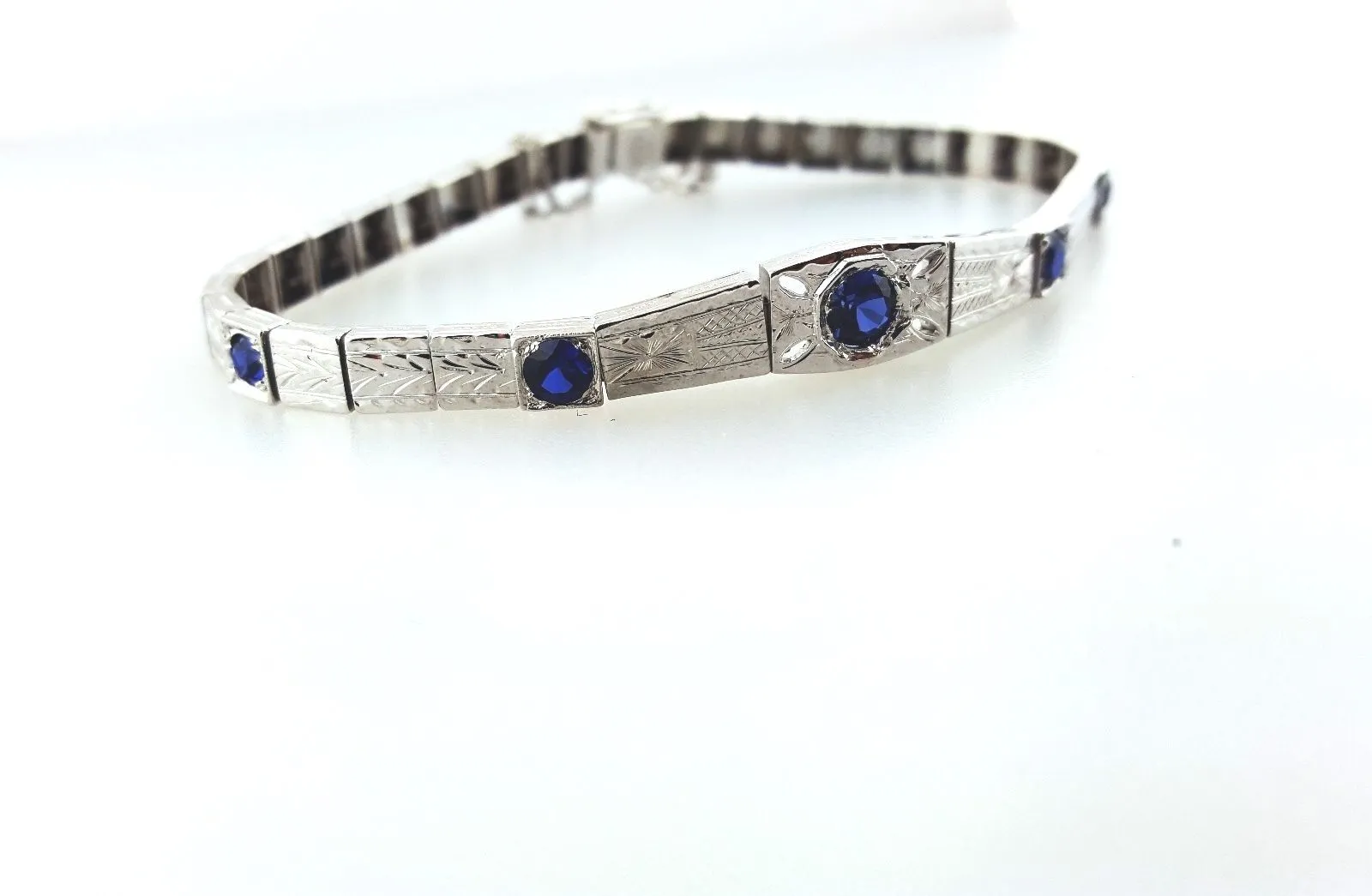 Bracelet Antique Vintage 18K White Gold 1.30CTNatural  Blue Sapphires Art Deco