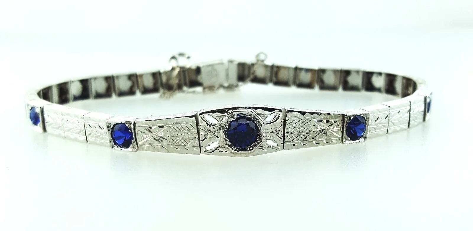 Bracelet Antique Vintage 18K White Gold 1.30CTNatural  Blue Sapphires Art Deco