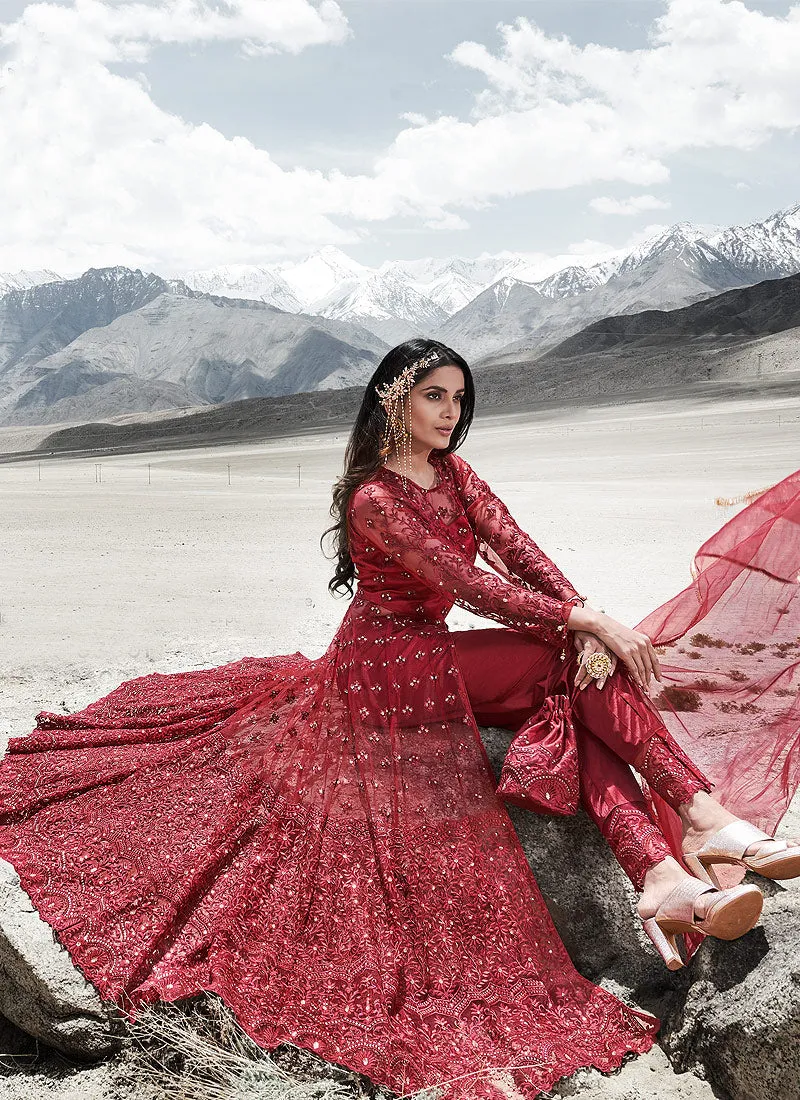 Bridal Red Designer Anarkali Pant Suit