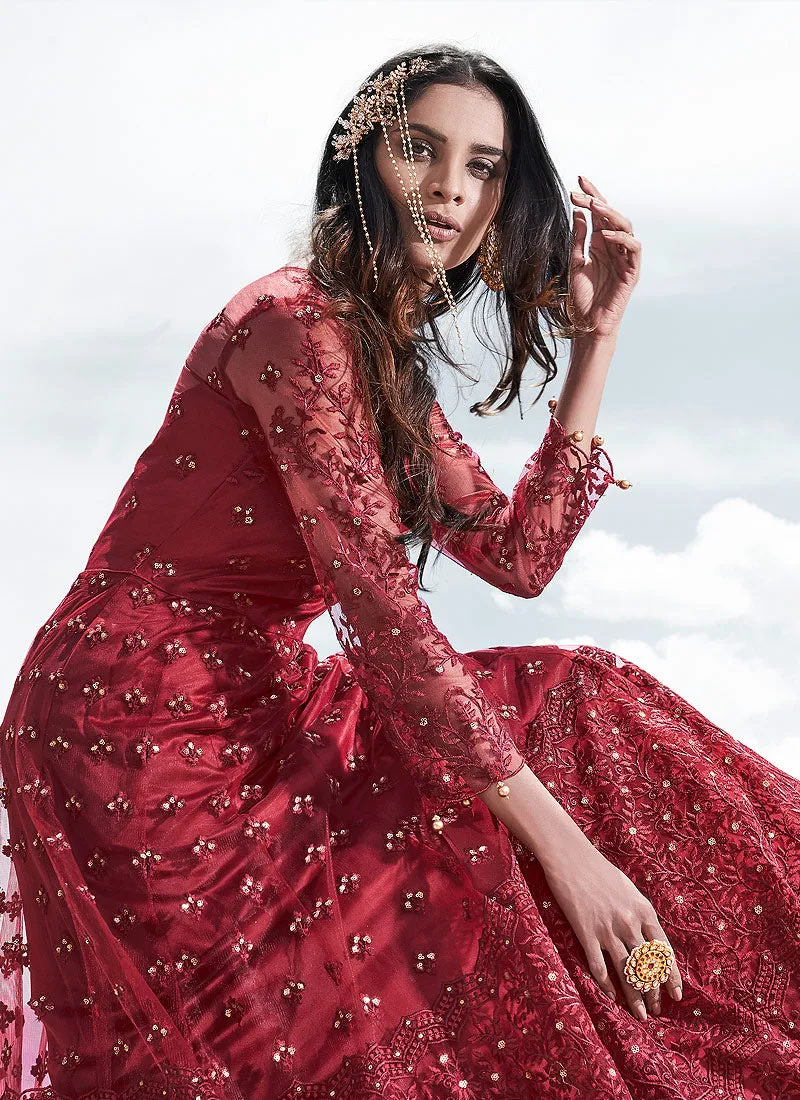 Bridal Red Designer Anarkali Pant Suit