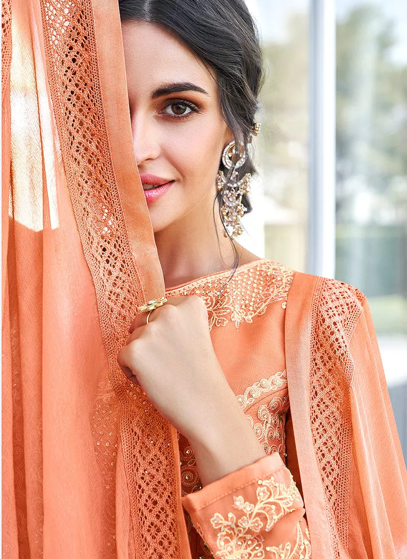 Bright Orange Lucknowi Embroidered Anarkali Suit