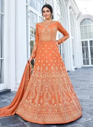 Bright Orange Lucknowi Embroidered Anarkali Suit