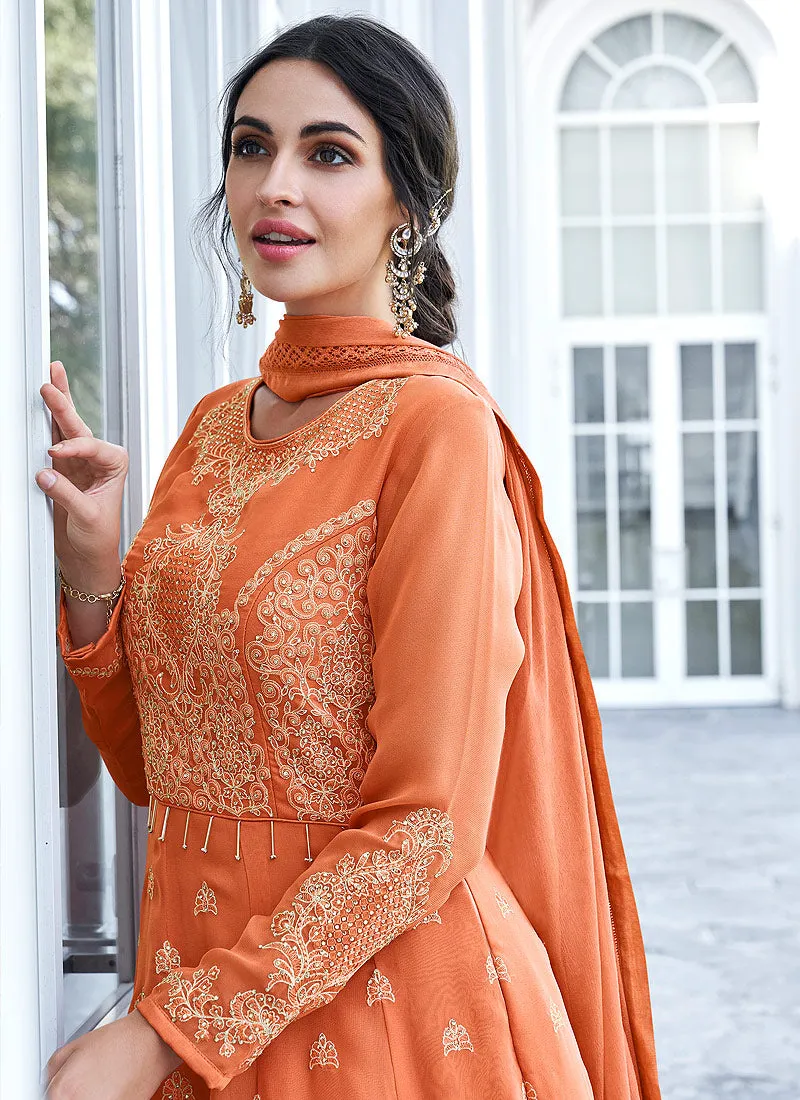 Bright Orange Lucknowi Embroidered Anarkali Suit