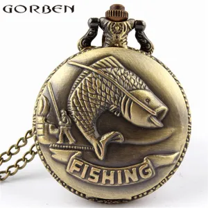 Bronze Fishing Antique Style Quartz Pocket Watch Vintage Interesting Design Angling Quartz Pocket Watch for Men and Women P108